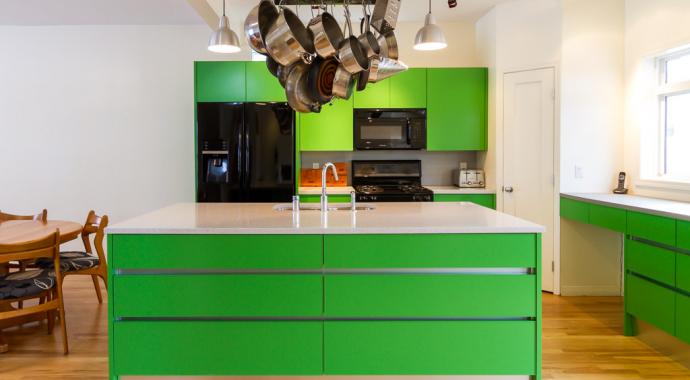 non-toxic aluminum cabinetry in bold and bright green apple