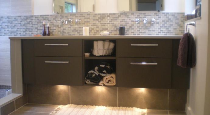 dark brown warm aluminum vanity in spa bathroom pender island victoria bc