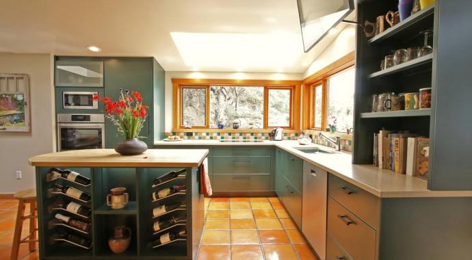 rustic kitchen in dark green aluminum non-toxic and sustainable