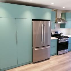 Aluminum kitchen cabinets including pantry in Robin's Egg Blue