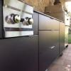 Outdoor aluminum kitchen on wheels in violet purple